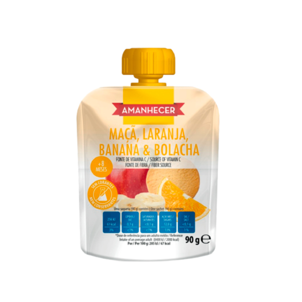 Bolsa de Fruta Maçã, Laranja, Banana e Bolacha 90g Amanhecer Bolsa de Fruta Maçã, Laranja, Banana e Bolacha 90g Amanhecer